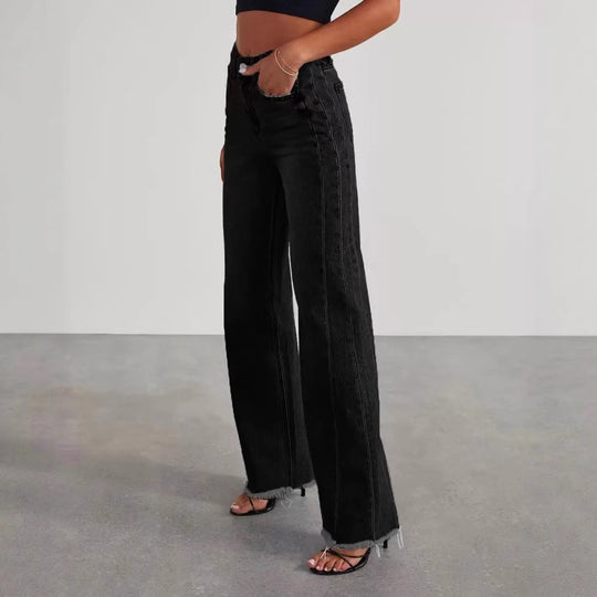 Damen Jeans mit hoher Taille und weitem Bein sowie ausgefranstem Saum Nord Taschen
