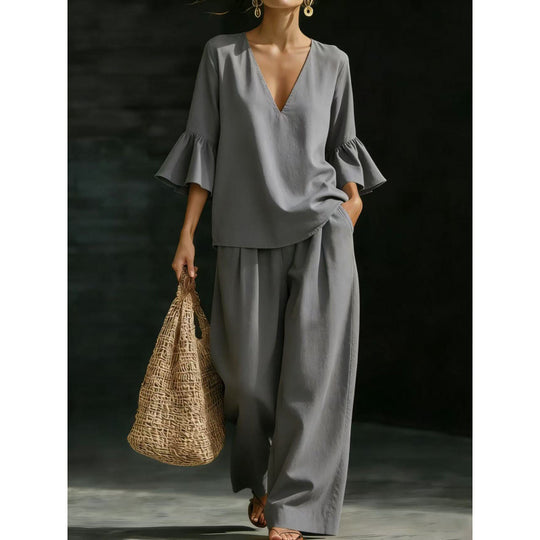 Damen Zweiteiliges V-Ausschnitt-Tunika-Set mit Volantärmeln und weitem hochtaillierten Palazzo-Hose Nord Taschen