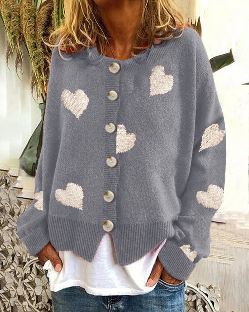 Damen Geknöpfter Oversize-Strickcardigan mit Herz-Jacquard und Perlmuttknöpfen Nord Taschen