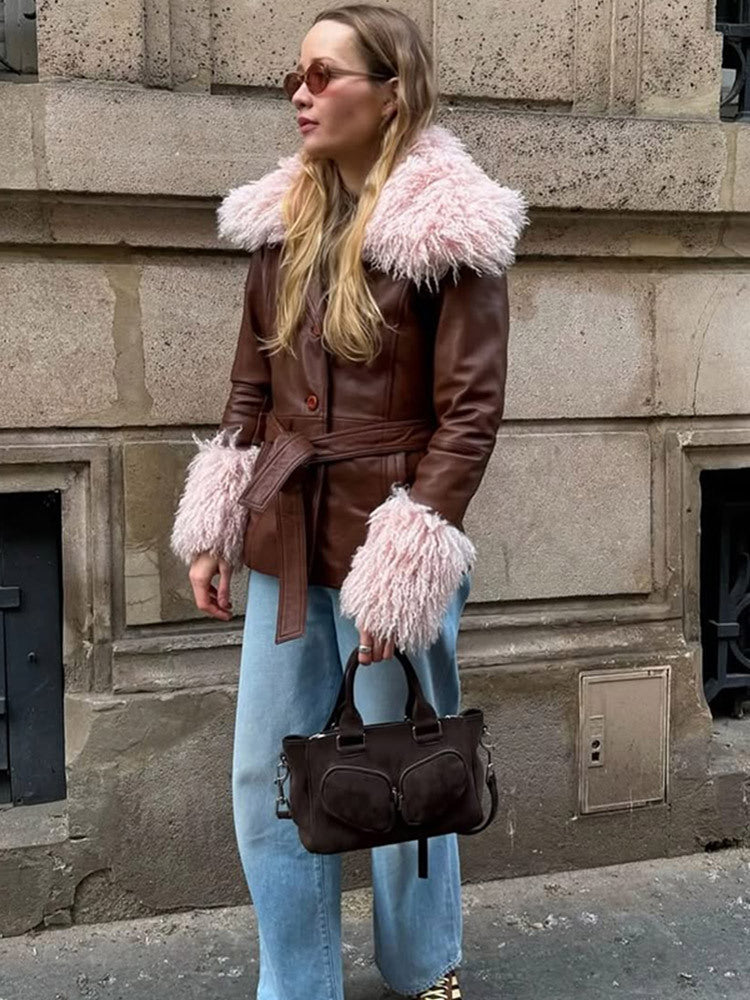 Damen Taillierte Lederimitatjacke mit Bindegürtel, opulentem abnehmbarem Faux-Fur-Schalkragen und Fellmanschetten Nord Taschen