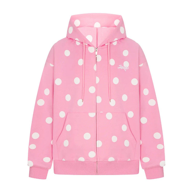 Damen Kapuzen-Sweatjacke mit durchgehendem Reißverschluss, Oversize-Schnitt und Polka-Dot-Print Nord Taschen