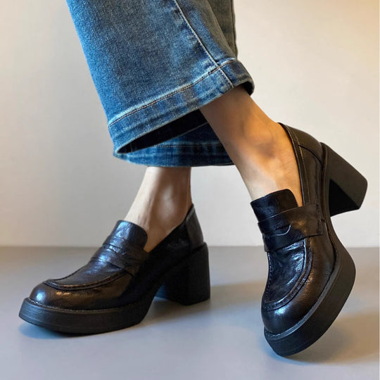 Damen Hochabsatz-Pennyloafer mit massivem Blockabsatz und profilierter Sohle Nord Taschen