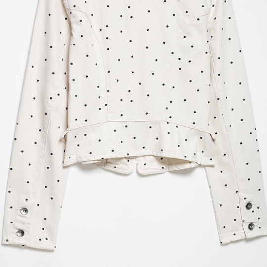 Damen Gepunktete Cropped Jeansjacke mit Stehkragen, Reißverschluss und Pattentaschen Nord Taschen