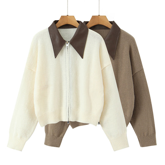Damen 10+ Oversize Strickjacke mit Zweiwege‑Reißverschluss und spitzem Kontrastkragen Nord Taschen