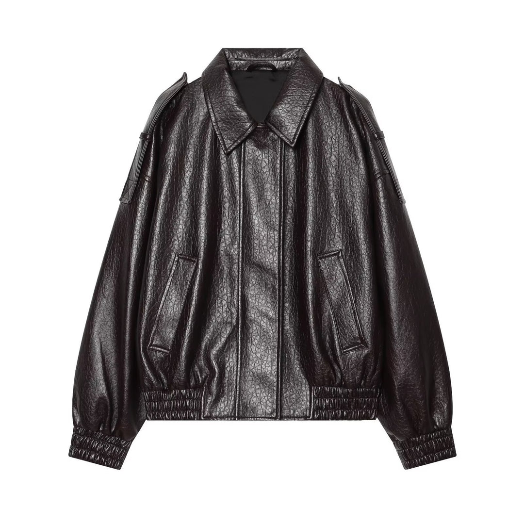 Damen Oversized Kunstleder-Bomberjacke mit Schulterklappen und gerafftem Saum Nord Taschen