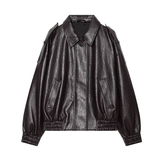 Damen Oversized Kunstleder-Bomberjacke mit Schulterklappen und gerafftem Saum Nord Taschen