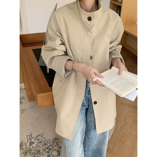 Damen Oversize-Mantel mit Stehkragen und kariertem Ärmelsaum Nord Taschen