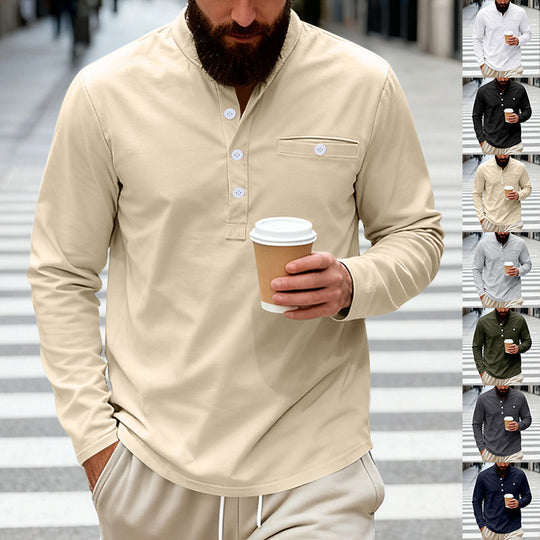 Herren Lässiges Henley-Langarmshirt mit Stehkragen, Brusttasche und abgerundetem Saum Nord Taschen