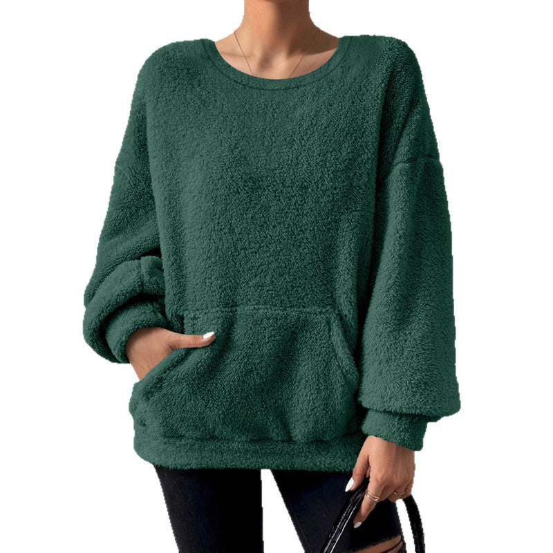 Damen Kuscheliger Oversize-Sherpa-Pullover mit Kängurutasche und Ballonärmeln Nord Taschen