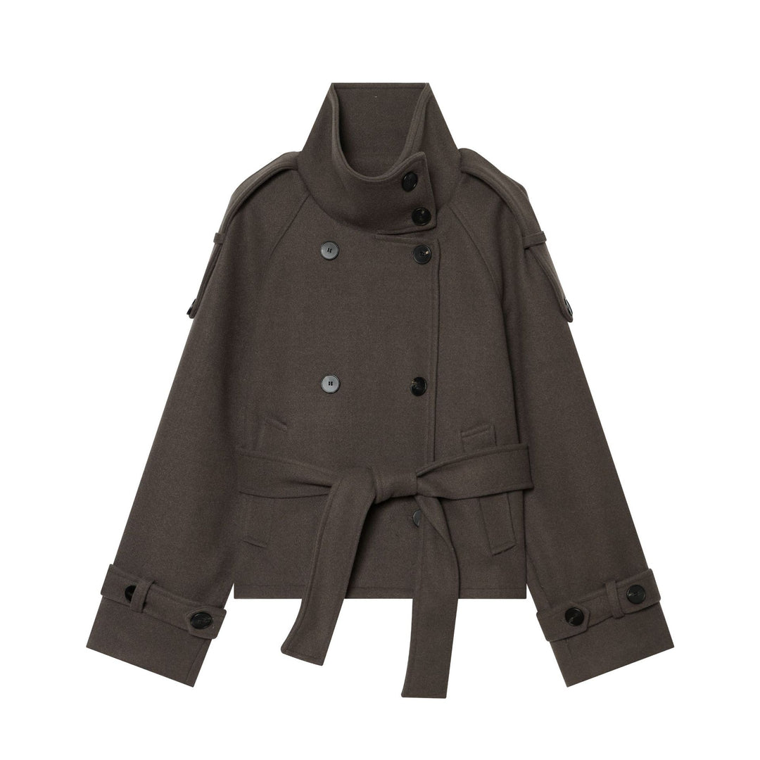 Damen Kurze doppeltreihige Wollmix‑Capejacke mit hohem Stehkragen und Taillengürtel Nord Taschen