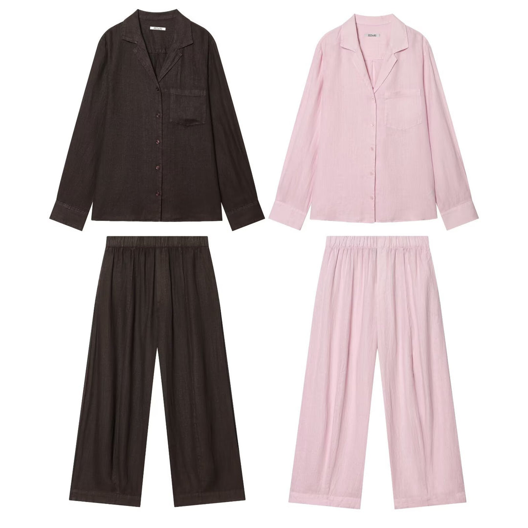 Damen Zweiteiliges Loungewear-Set aus Leinenoptik mit lockerem Pyjama‑Hemd und weiter Palazzo‑Hose Nord Taschen
