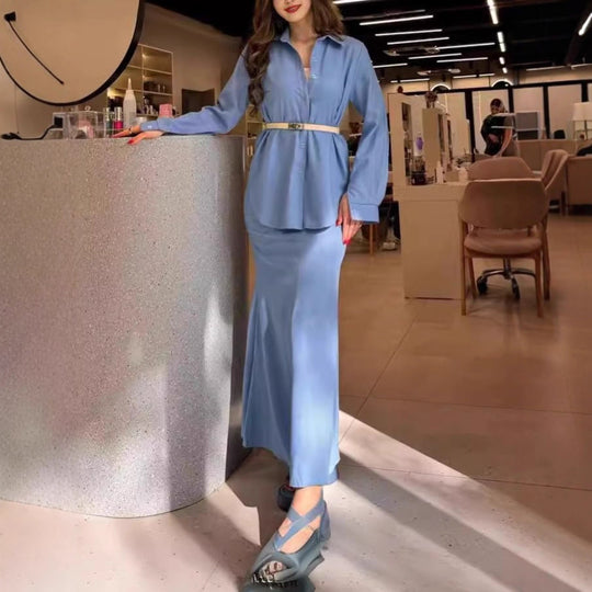 Damen Zweiteiliges Set Schlauchmaxirock mit ausgestelltem Saum und Oversize-Hemd Nord Taschen