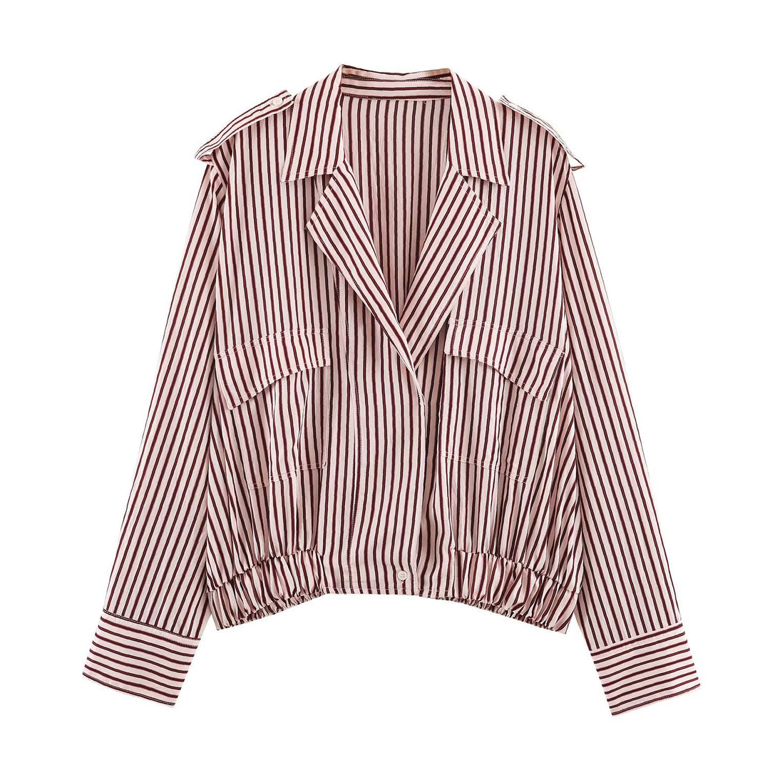 Damen Gestreifte Cropped-Blousonjacke mit Reverskragen, Pattentaschen und Gummizugsaum Nord Taschen
