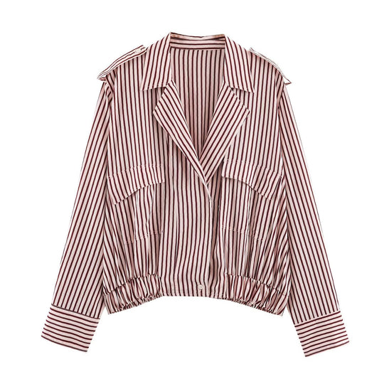 Damen Gestreifte Cropped-Blousonjacke mit Reverskragen, Pattentaschen und Gummizugsaum Nord Taschen