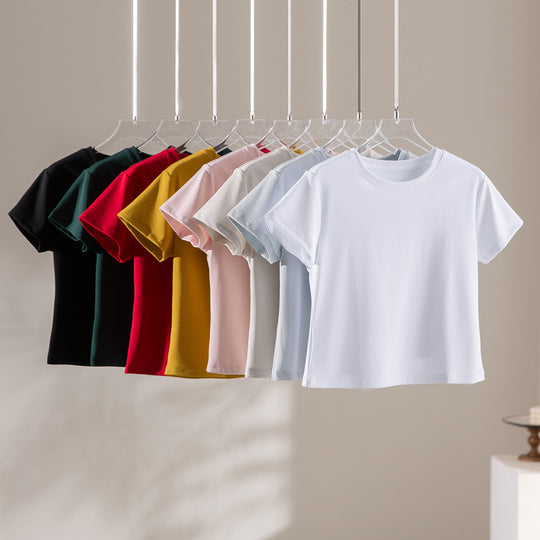 Damen Kurzgeschnittenes Boxy-T-Shirt aus weichem Baumwollstretch mit Rundhalsausschnitt Nord Taschen
