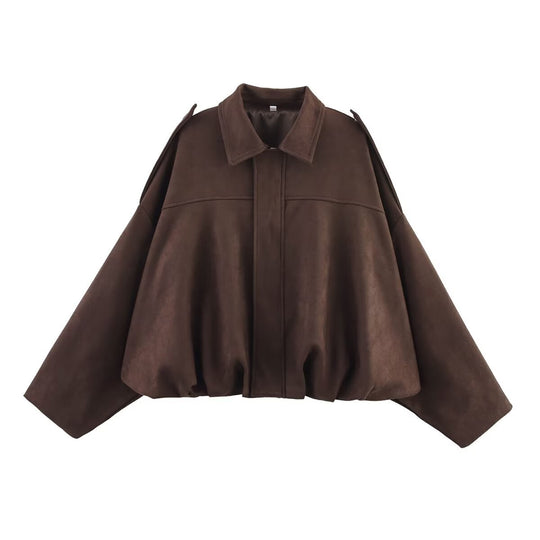 Damen Oversize-Suedejacke mit Schulterklappen, verdeckter Knopfleiste und elastischem Saum Nord Taschen