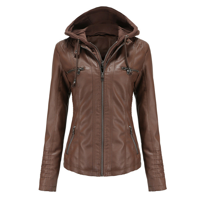 Damen Taillierte Kunstlederjacke mit abnehmbarer Kapuze und Reißverschluss Nord Taschen
