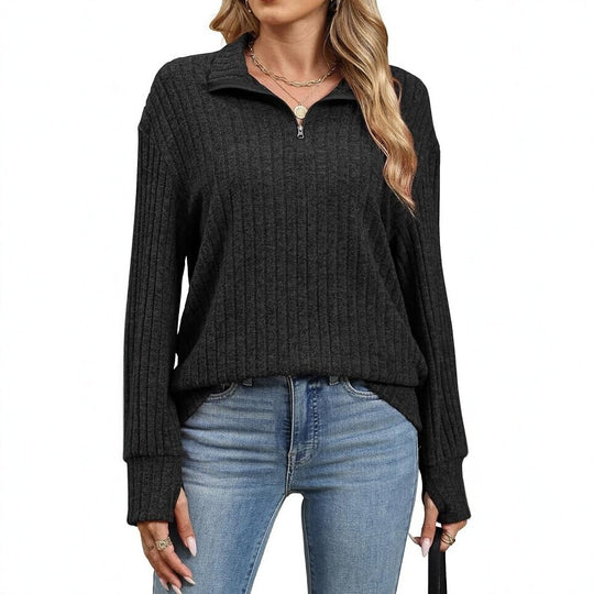 Damen Gerippter Halfzip-Pullover mit Stehkragen und Relaxed-Fit Nord Taschen