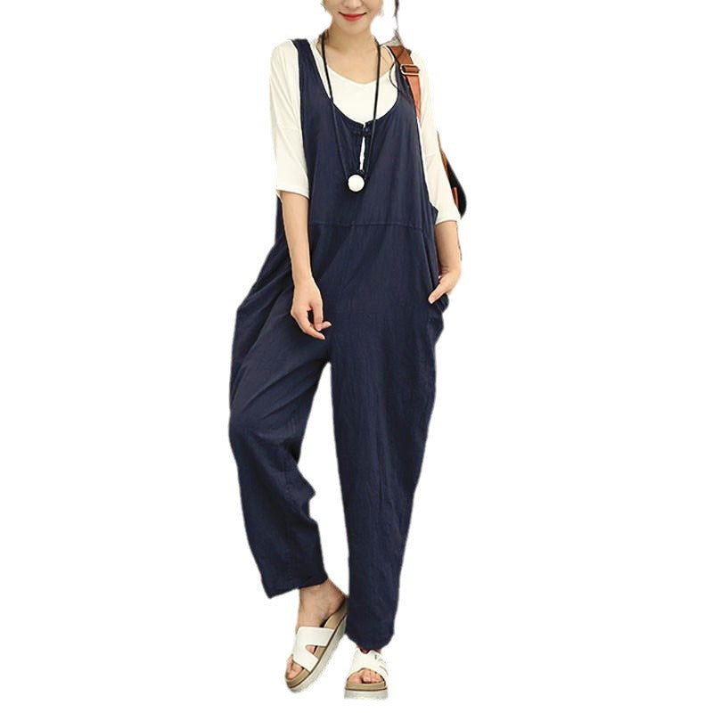 Damen Lässiger Baumwoll-Overall mit weitem Bein und verstellbaren Trägern Nord Taschen