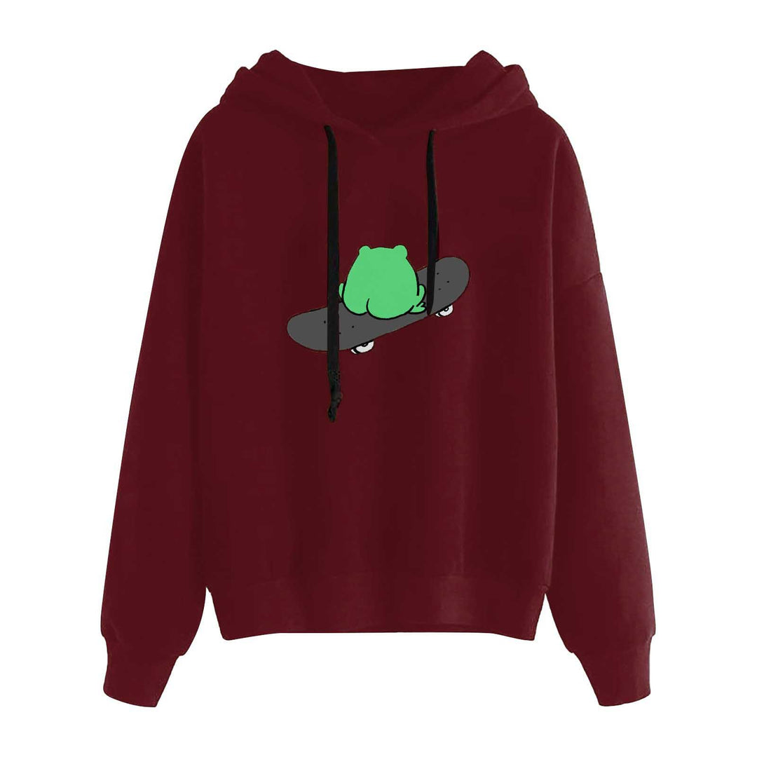 Damen nan kurz geschnittener Cropped-Kapuzenpullover mit niedlicher Frosch-Illustration und verstellbarer Kapuze Nord Taschen