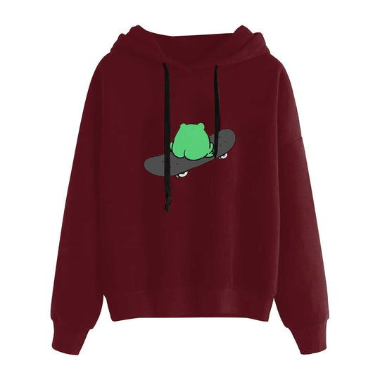 Damen nan kurz geschnittener Cropped-Kapuzenpullover mit niedlicher Frosch-Illustration und verstellbarer Kapuze Nord Taschen