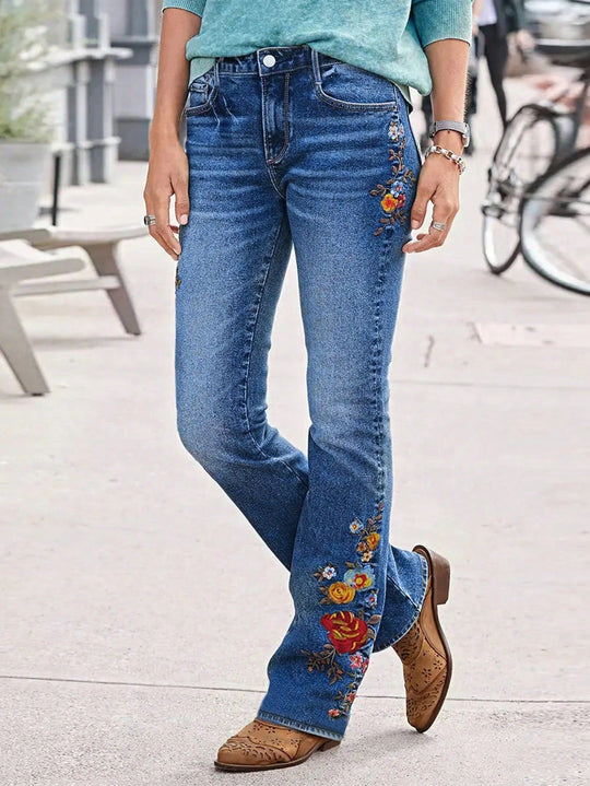 Damen Bootcut-Jeans mit seitlicher Blumenstickerei und komfortablem Stretchbund Nord Taschen