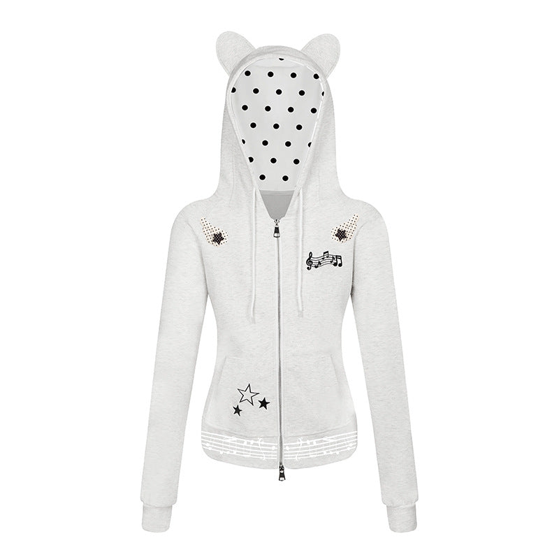Damen Kapuzen-Sweatjacke mit Bärenohren, Reißverschluss, musikalischem Print und Polka-Lining Nord Taschen