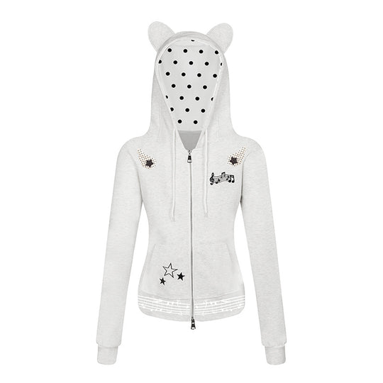 Damen Kapuzen-Sweatjacke mit Bärenohren, Reißverschluss, musikalischem Print und Polka-Lining Nord Taschen