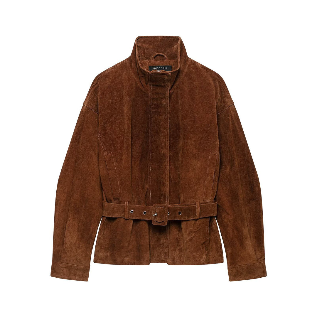 Damen Taillenbetonte Velourslederjacke im Trenchstil mit Stehkragen und breitem Bindegürtel Nord Taschen