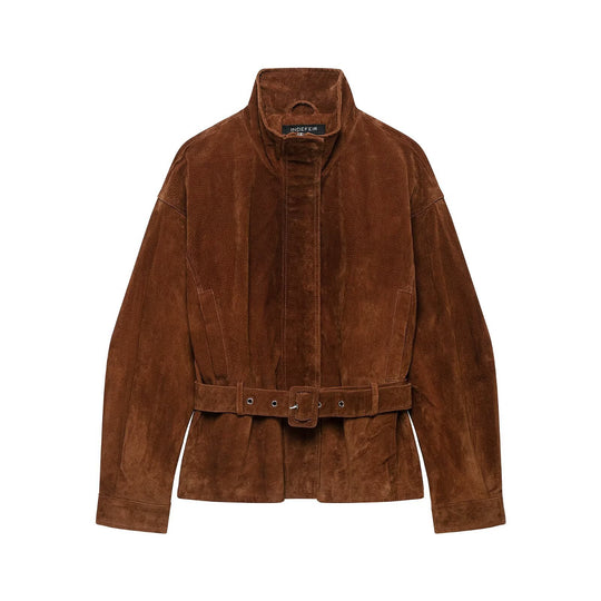 Damen Taillenbetonte Velourslederjacke im Trenchstil mit Stehkragen und breitem Bindegürtel Nord Taschen
