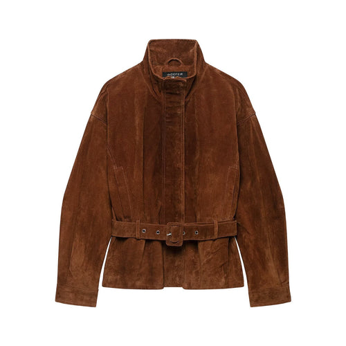 Damen Taillenbetonte Velourslederjacke im Trenchstil mit Stehkragen und breitem Bindegürtel Nord Taschen