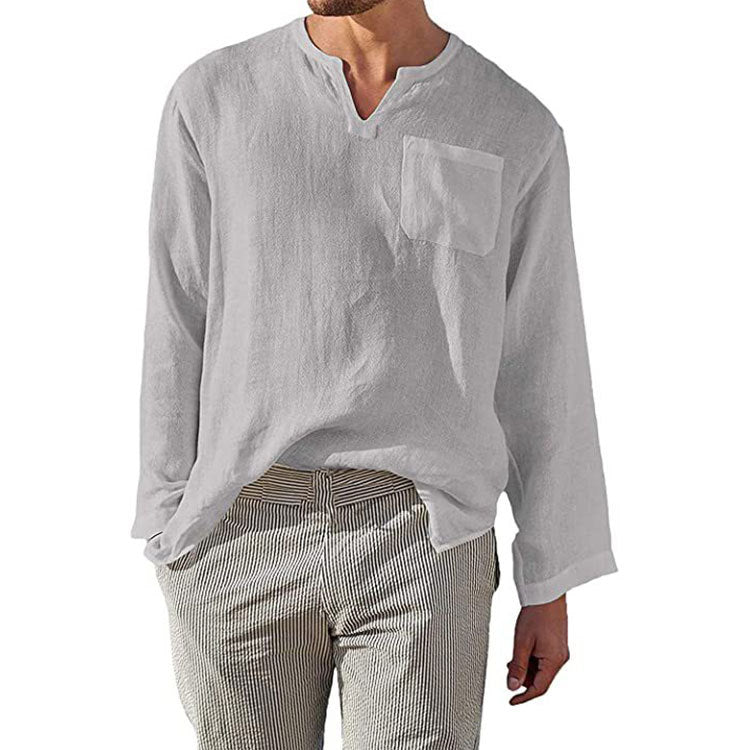 Herren Leinen Langarmshirt mit Henley-Ausschnitt und Brusttasche