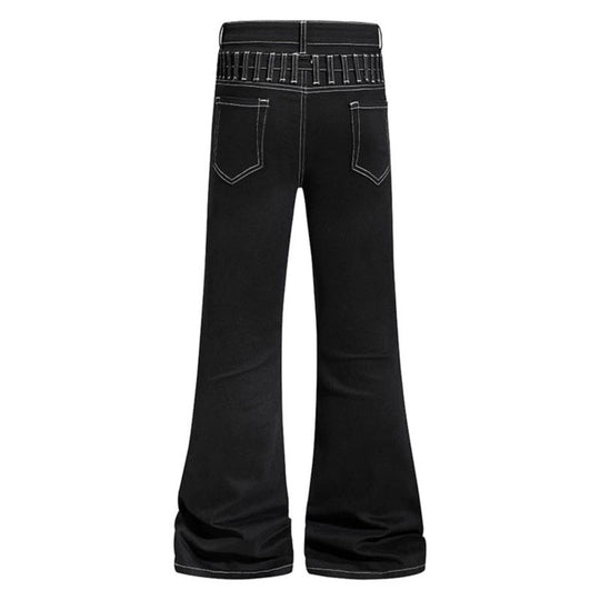 Damen hochgeschnittene Schlagjeans mit weitem Bein, Utility-Tasche und Kontrastnähten Nord Taschen