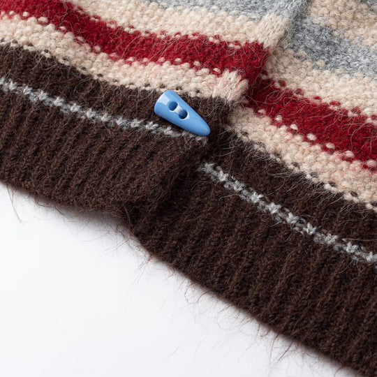 Damen Gestreifter Kapuzen-Cardigan aus flauschigem Mohair-Mix mit Dreiecksknöpfen Nord Taschen