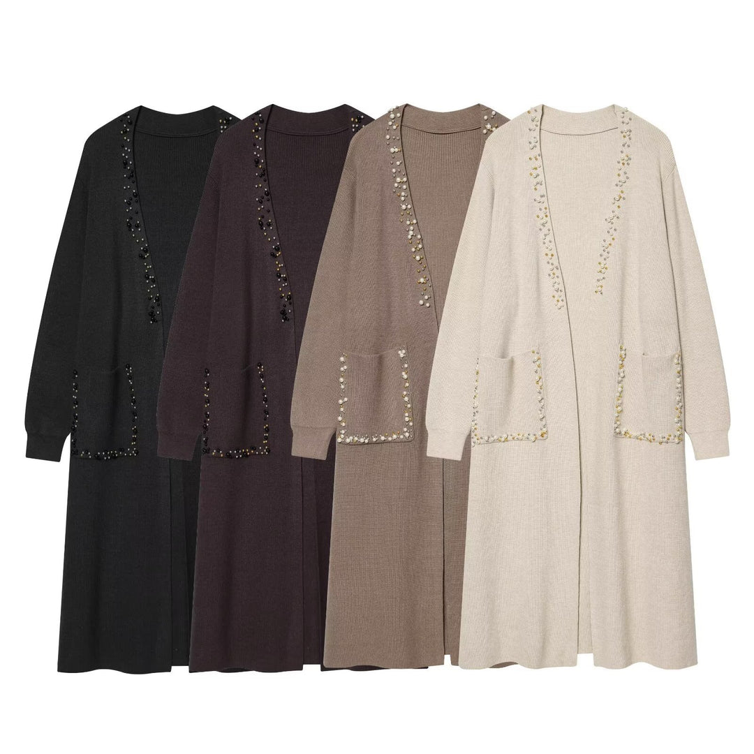 Damen langer Strickcardigan mit Perlenverzierung Nord Taschen
