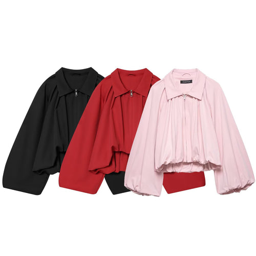 Damen Kurz geschnittene Blousonjacke mit weitem Ballonärmel, Reißverschluss und elastischem Saum Nord Taschen