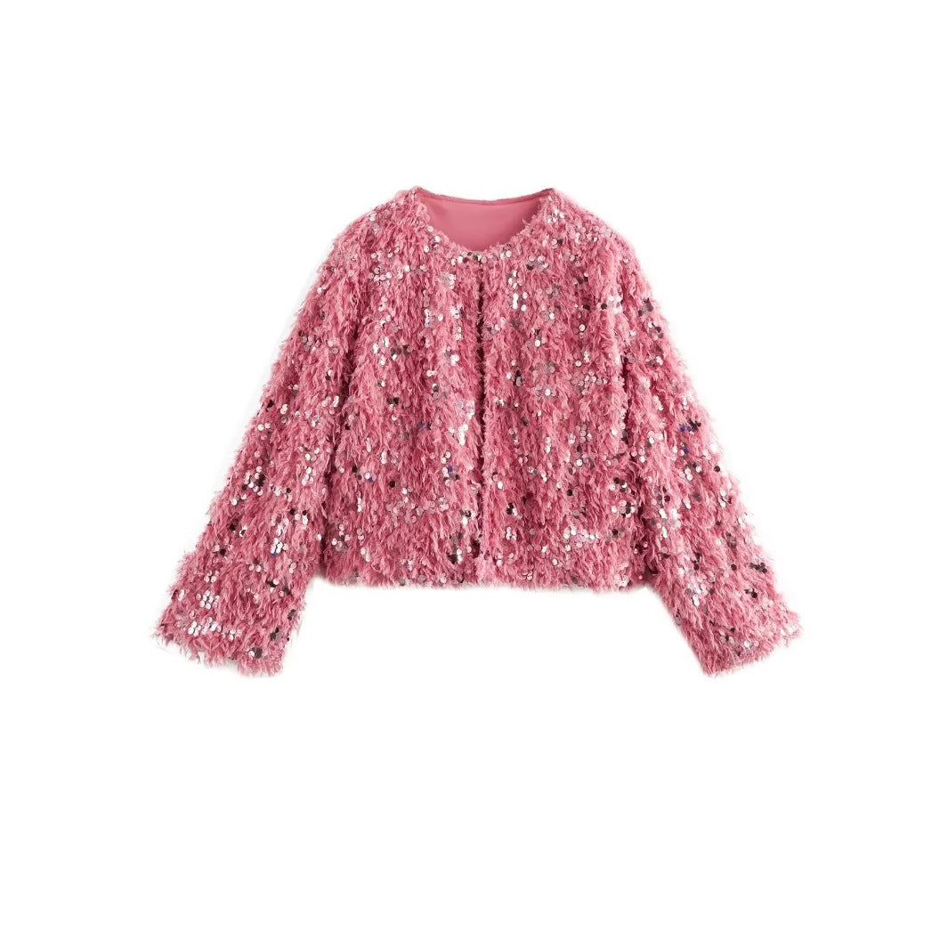 Damen Cropped‑Jacke aus flauschigem Faux‑Fur mit Paillettenbesatz Nord Taschen