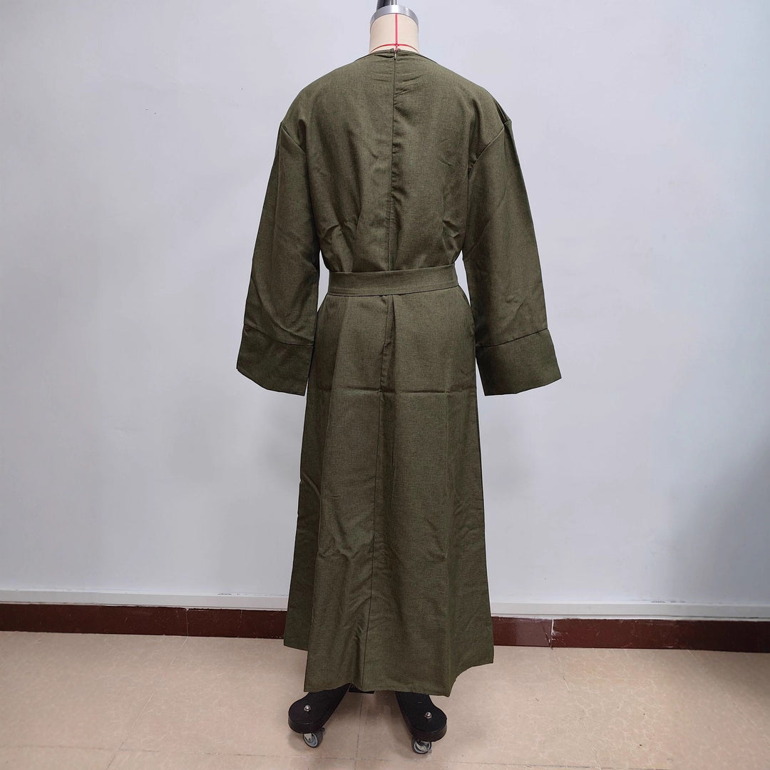 Damen Maxikleid aus Leinen-Mix mit Taillengürtel und weiten Manschellen Nord Taschen