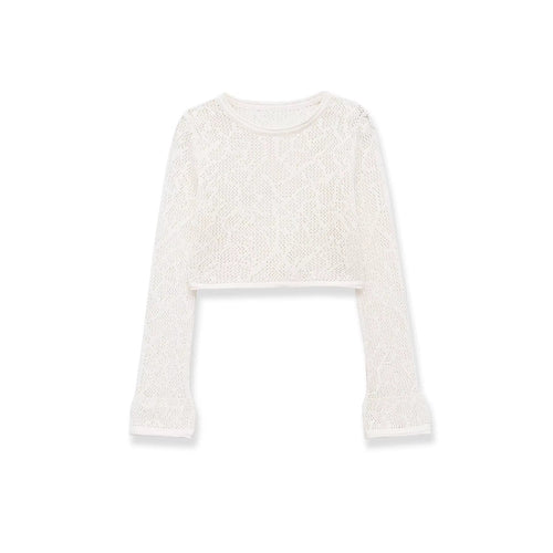 Damen gehäkeltes Cropped-Strickoberteil mit Trompetenärmeln Nord Taschen