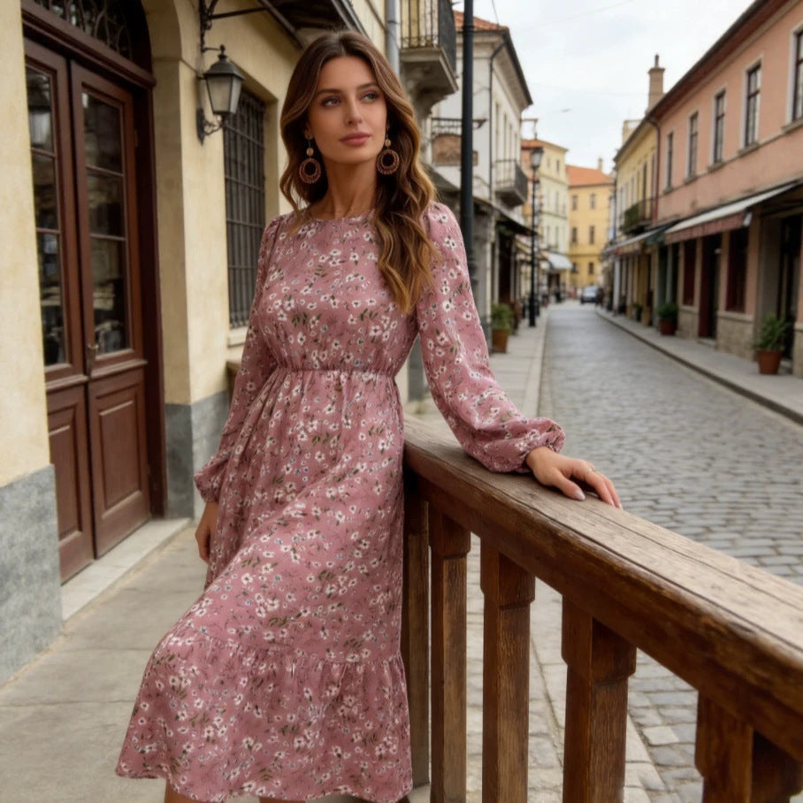 Damen Elegantes Blumenkleid mit langen Ärmeln und Rüschen Nord Taschen