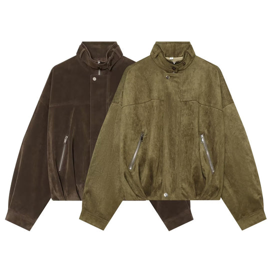Damen Oversize-Wildleder‑Bomberjacke mit hohem Stehkragen und Reißverschlusstaschen Nord Taschen