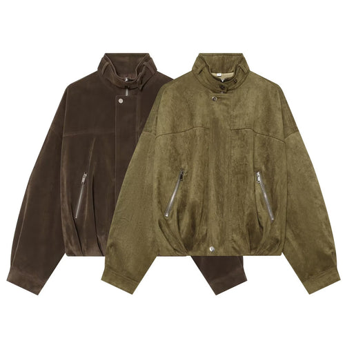 Damen Oversize-Wildleder‑Bomberjacke mit hohem Stehkragen und Reißverschlusstaschen Nord Taschen
