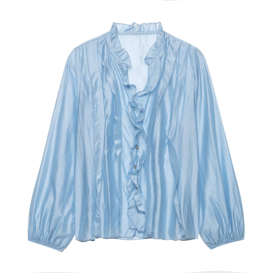 Damen Glänzende Rüschenbluse aus Taft mit Stehkragen und Ballonärmeln Nord Taschen