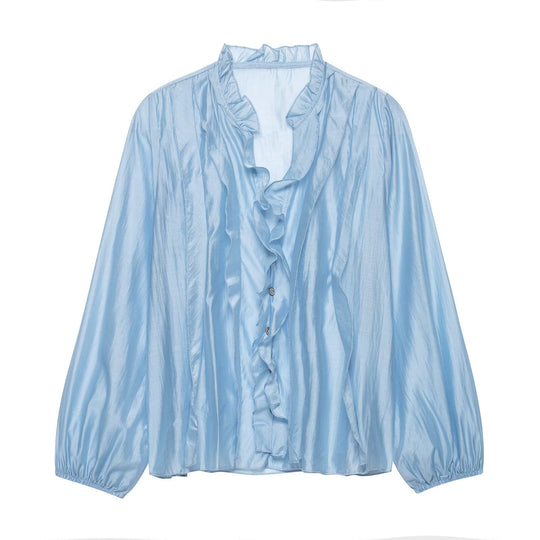 Damen Glänzende Rüschenbluse aus Taft mit Stehkragen und Ballonärmeln Nord Taschen