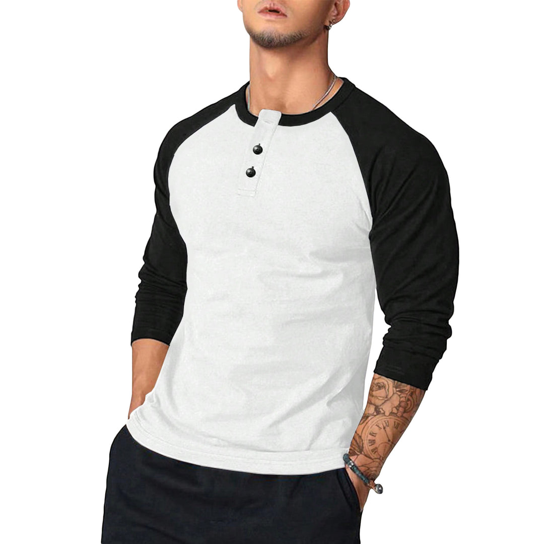 Herren Lässiges Langarm Henley-Shirt mit Kontrastärmeln Nord Taschen