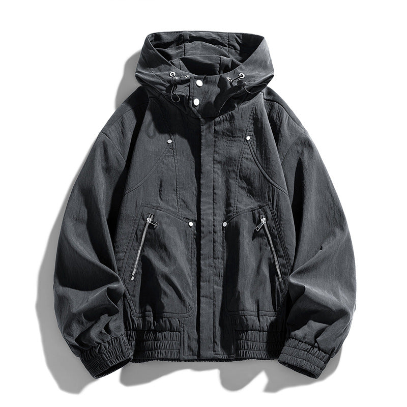 Herren Oversize Canvas-Utility-Kapuzenjacke mit versteckter Druckknopfleiste und Reißverschlusstaschen Nord Taschen