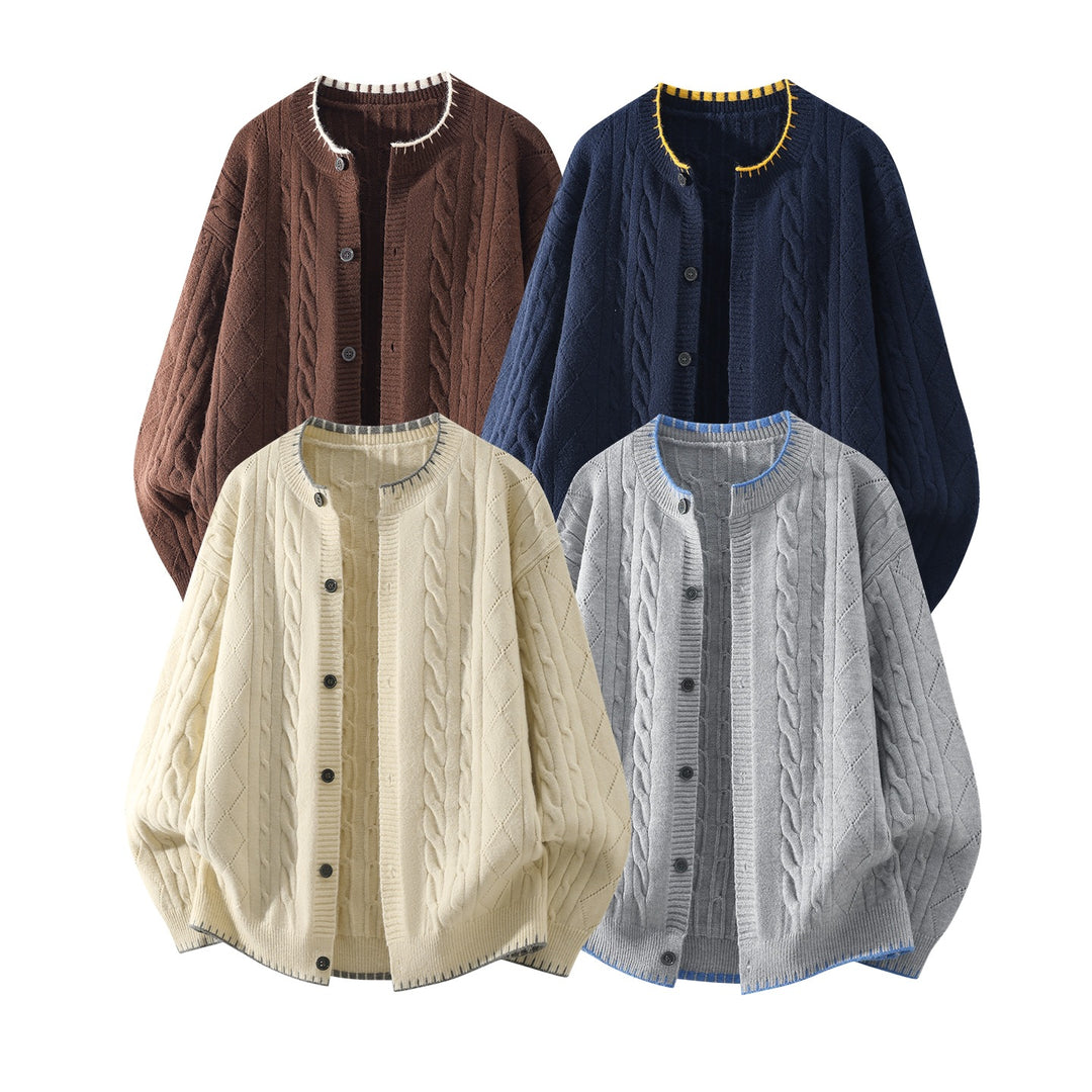 Damen Oversize Zopfmuster-Cardigan mit Rundhalsausschnitt, Ballonärmeln & Kontrastnaht Nord Taschen