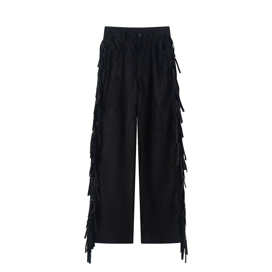 Damen Weite Culotte-Hose mit Fransenbesatz und Veloursoptik Nord Taschen