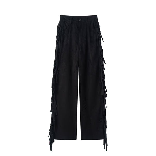Damen Weite Culotte-Hose mit Fransenbesatz und Veloursoptik Nord Taschen