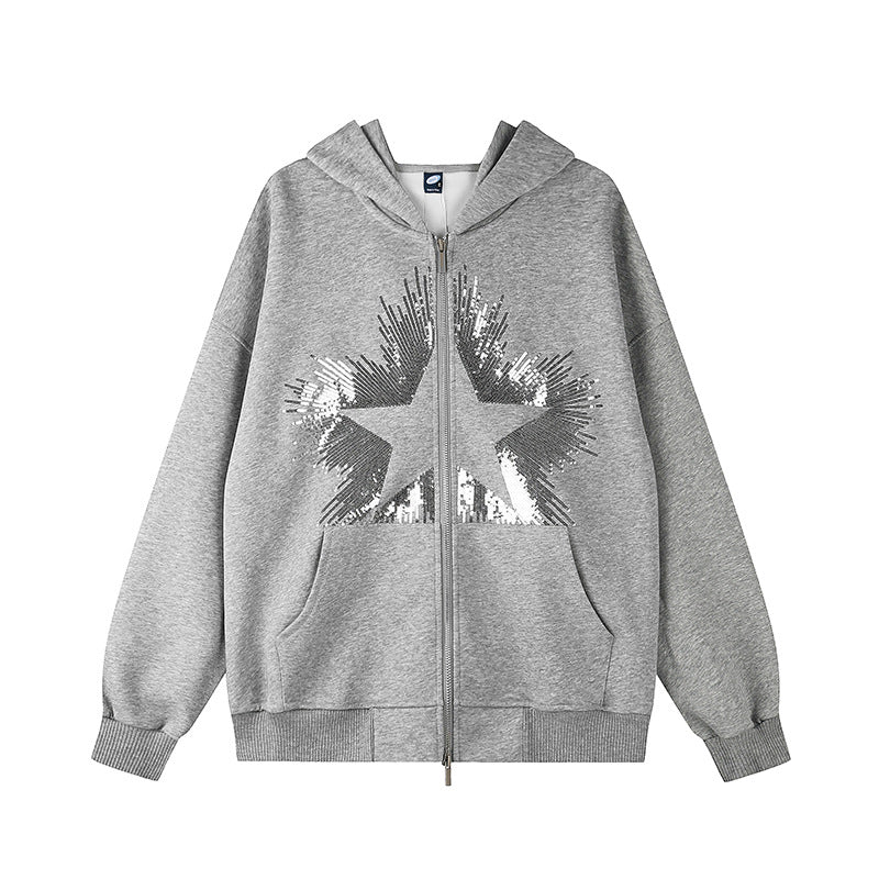 Damen Oversize-Kapuzenjacke aus French Terry mit glitzerndem Sternprint und Metallreißverschluss Nord Taschen